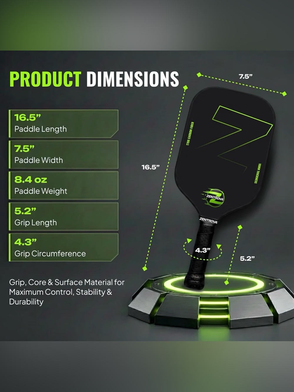 Zentrova Black Pickleball Paddle with Green Accent & Accesories